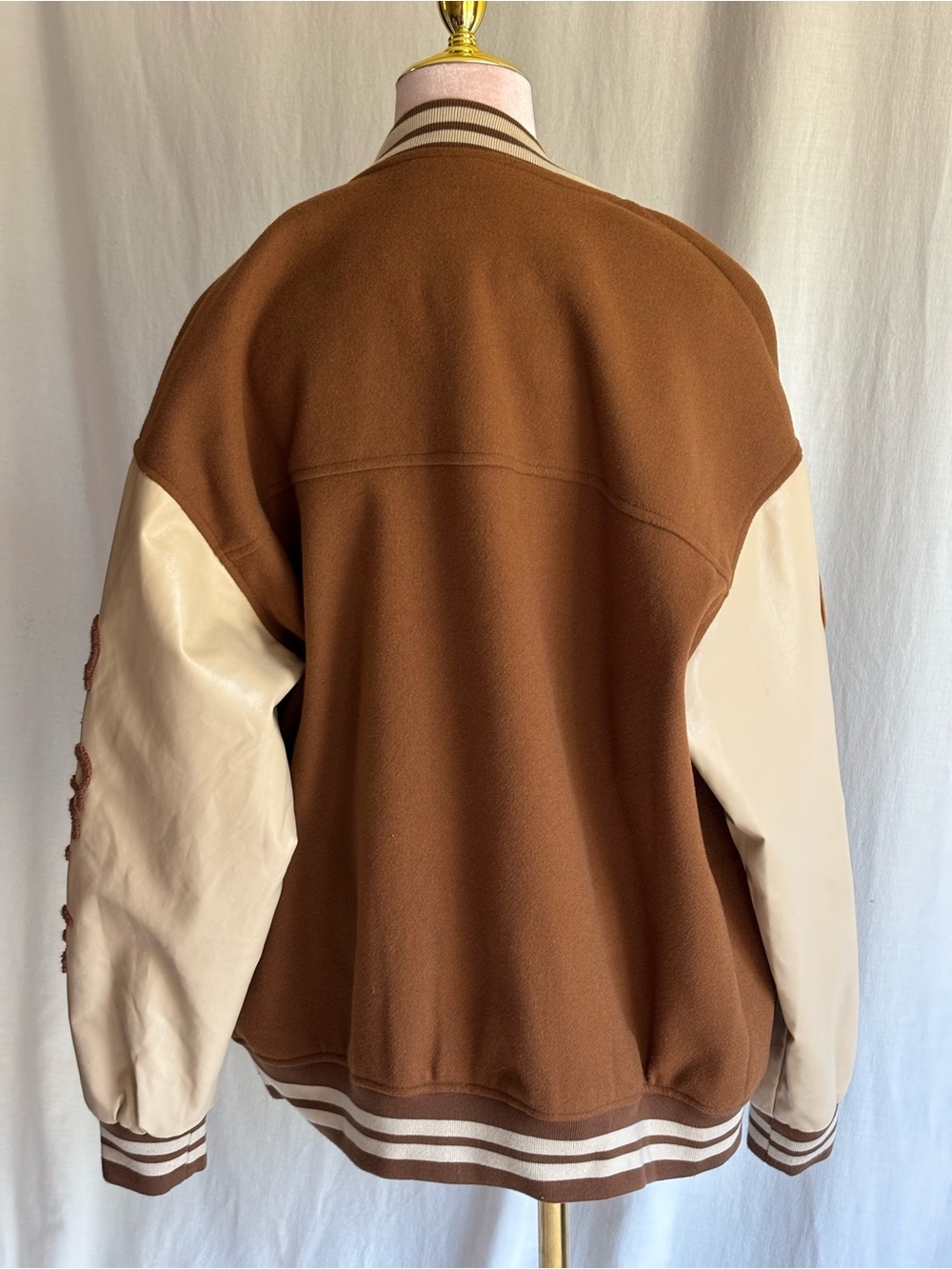 Aelfric Eden Towel Embroidery Varsity Jacket Brown Cream Oversized L - Picture 3 of 15